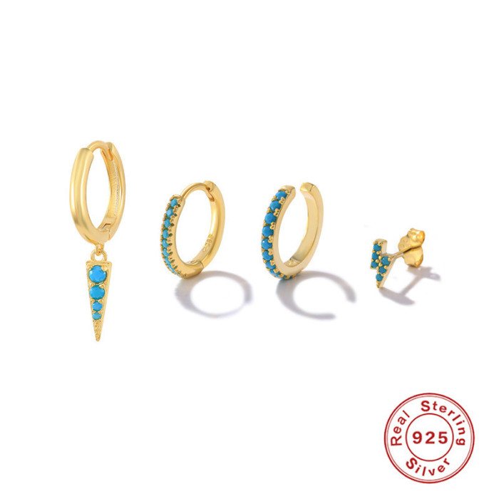 S925 Sterling Silver High-End Turquoise Lightning Stud Earrings Hoop Earrings Clip-On Earrings Versatile Set European and American Hot-Selling Earrings