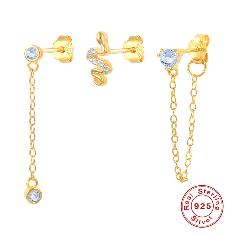S925 Sterling Silver INS Fun Little Snake Chain Combination Set with Diamond Stud Earrings Cross-Border Bestselling Personality Earrings