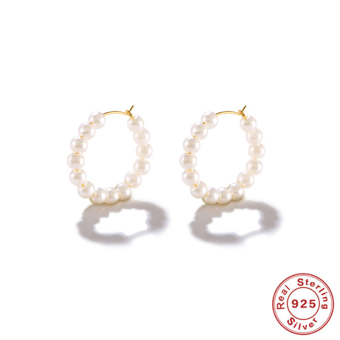 S925 Sterling Silver Design Imitation Pearl Earrings Hoop Earrings Ear Clips Japanese Korean French Style Fashionable Elegant Wearable Earrings for Women