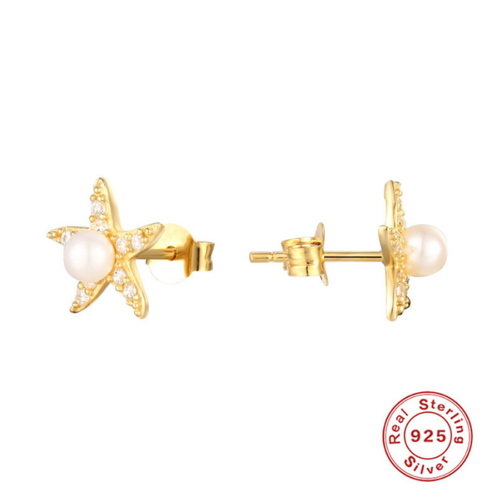 S925 Sterling Silver Starfish Petal Inlaid Diamond Pearl Stud Earrings European and American Style Simple Niche Design Earrings for Women