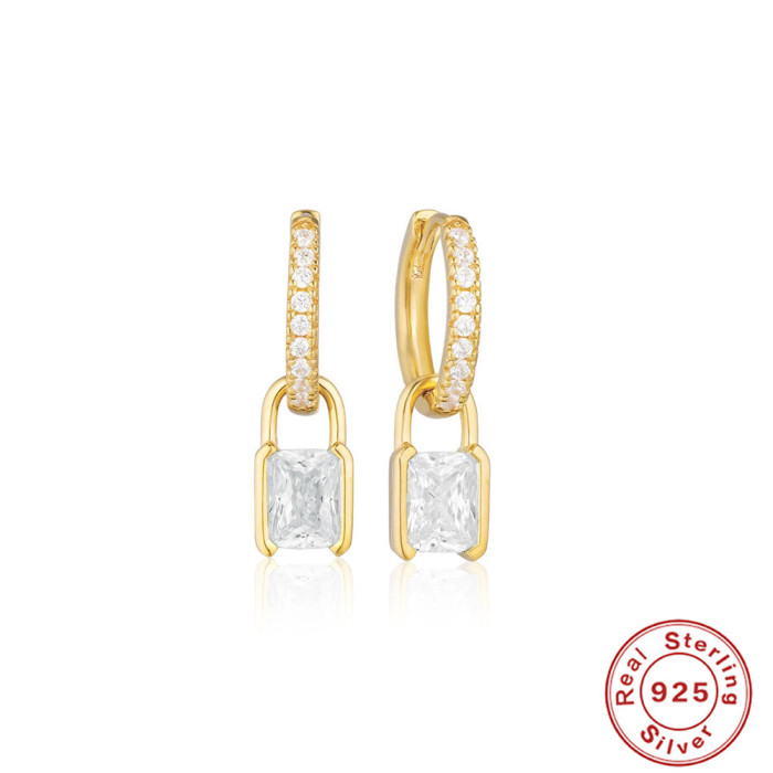 S925 Sterling Silver Super Sparkling Diamond-Encrusted Ins Style Square Zircon Earrings Hoop Earrings European and American Hot Selling Trendy Earrings for Women