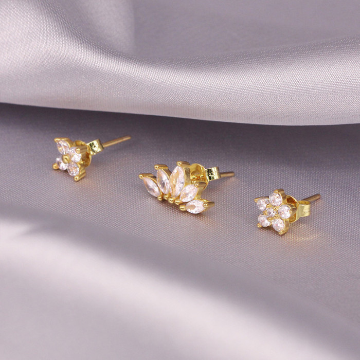 S925 Sterling Silver Flower Star Marquise Diamond Stud Earrings 3-Piece Set Korean Style Hot Selling INS Earrings for Women