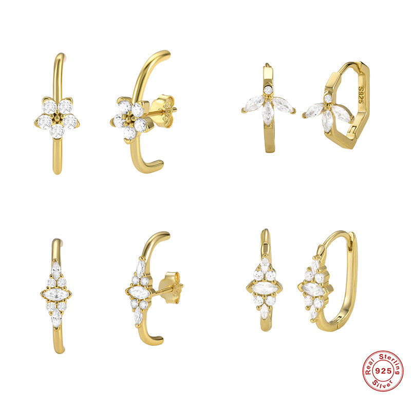 S925 Sterling Silver Line Curved Petal Inlaid Diamond Earrings Hoop Earrings European and American Hot Selling Light Luxury Creative Geometric Earrings