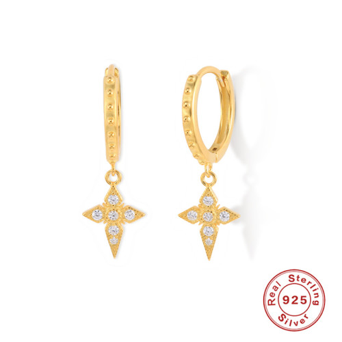 European and American New S925 Sterling Silver Cross Inlaid Diamond Earrings Hoop Earrings Amazon Hot-Selling Personality INS Earrings