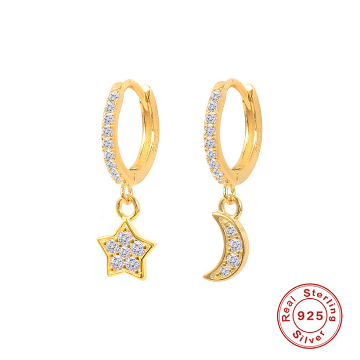 S925 Sterling Silver Star Moon Inlaid Diamond Ear Cuff Hoop Earrings Cross-Border Bestselling INS Fashion Trend Versatile Ear Jewelry