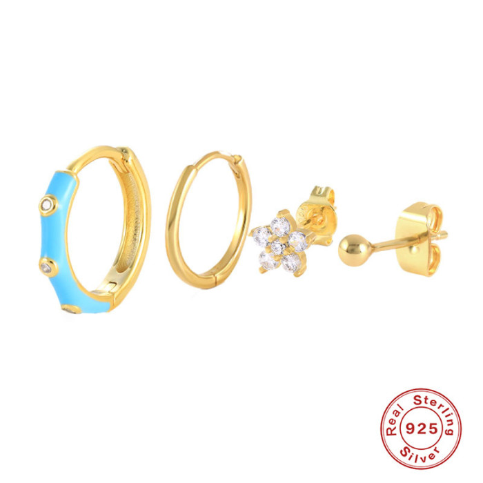 S925 Sterling Silver Inlaid Diamond Oil Drop Earrings Ear Clips Ear Studs Earrings European and American Bestseller INS Enamel Personality Earrings Set