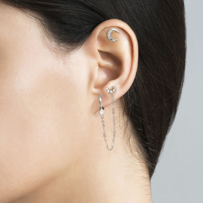S925 Sterling Silver Single Drop Earrings Moon Chain Earrings European and American Hot Selling Micro Inlaid Zirconia Personalized Trendy Earrings