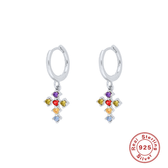 S925 Sterling Silver Cross Colorful Diamond Ear Cuff Earrings Hoop European American INS French Style Light Luxury Elegant Inlaid Diamond Ear Jewelry
