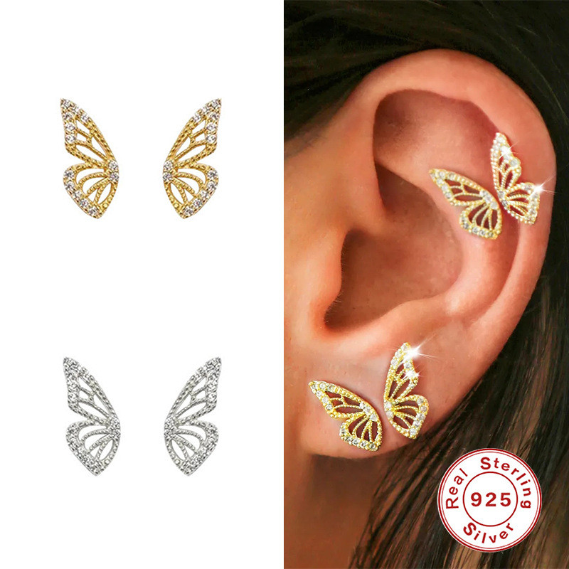 S925 Sterling Silver Fun Butterfly Inlaid Diamond Stud Earrings Korean and Japanese Style Personality INS K Gold Plated Light Luxury Women's Earrings