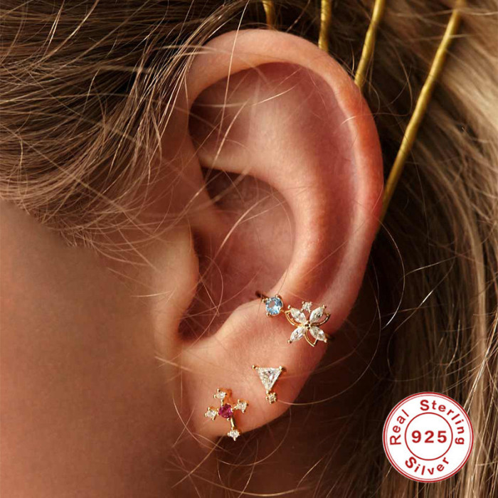 S925 Sterling Silver European and American Fashion Ins Personality Outfit Earrings Ear Studs Ear Clips Set Japanese and Korean Style K Gold Plated Earrings