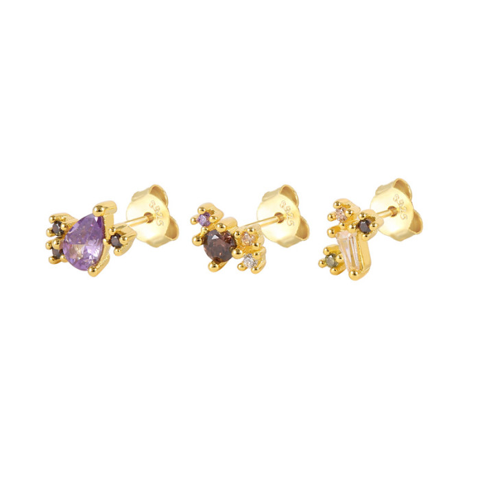 New S925 Sterling Silver Colorful Zircon Earrings Fashionable Cross-Border Accessories Set of 3 Earrings