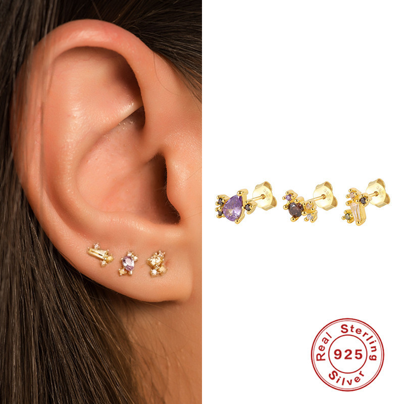 New S925 Sterling Silver Colorful Zircon Earrings Fashionable Cross-Border Accessories Set of 3 Earrings