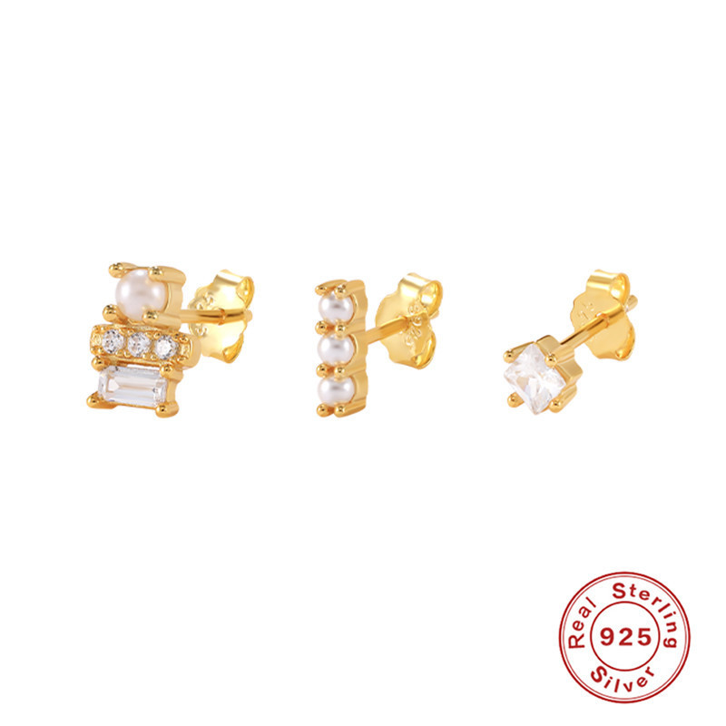 New S925 Sterling Silver Geometric Irregular Simple Stud Earrings 3-Piece Set Layered Earrings European and American Hot-Selling Jewelry