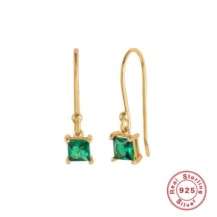 S925 Sterling Silver Square Diamond Pendant U-Shaped Ear Hook Earrings Stud Earrings European and American Hot-Selling French Style Elegant K-Gold Plated Earrings