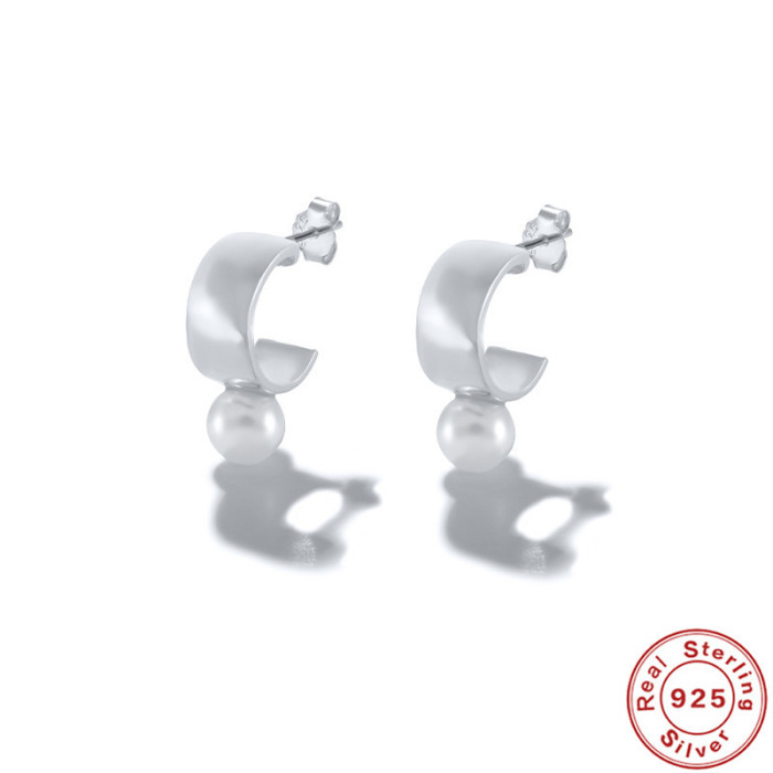 S925 Sterling Silver INS Wide C-shaped Pearl Hoop Earrings Stud Earrings European and American Hot-selling Design Imitation Pearl Earrings for Women
