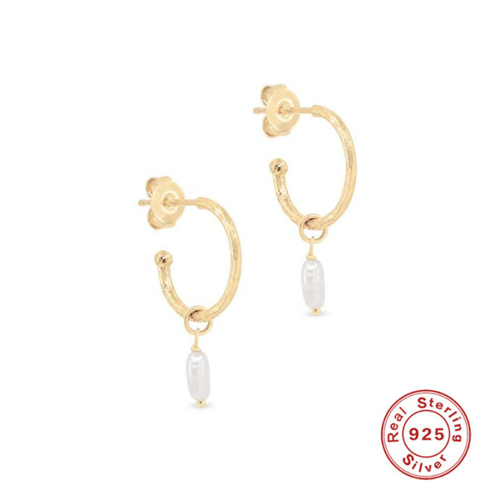 S925 Sterling Silver C-shaped Hoop Earrings Pearl Drop Earrings Stud Earrings European and American Cross-border Hot-selling Exaggerated INS Earrings for Women