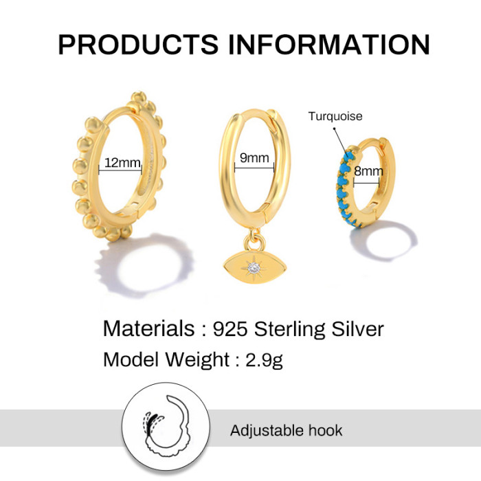 S925 Sterling Silver Inlaid Diamond Turquoise Round Bead Hoop Earrings Angel Eye Earrings Set French Style Ear Cuffs...