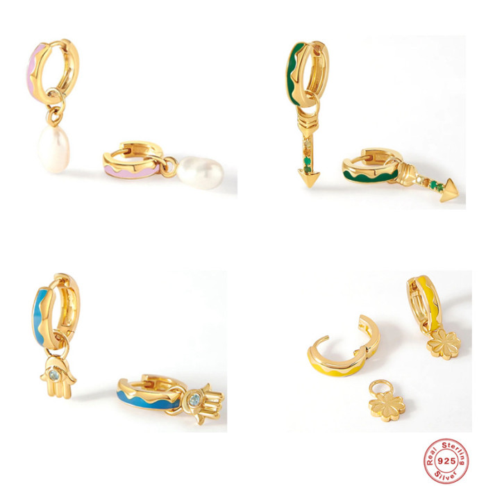 S925 Sterling Silver Inlaid Diamond Women's Oil Drop Enamel Fashion Hot-Selling Ear Clips Earrings European and American Trendy Personality Simple Earrings