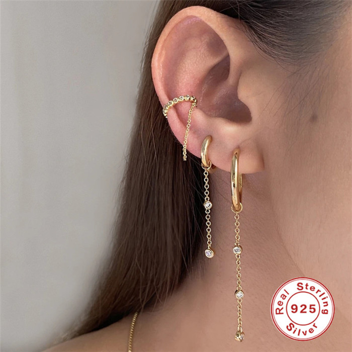 S925 Sterling Silver Simple Hoop Earrings Geometric Star Moon Tassel Small Pendant Korean and Japanese INS Style Diamond-Studded Mixed Accessories Earrings