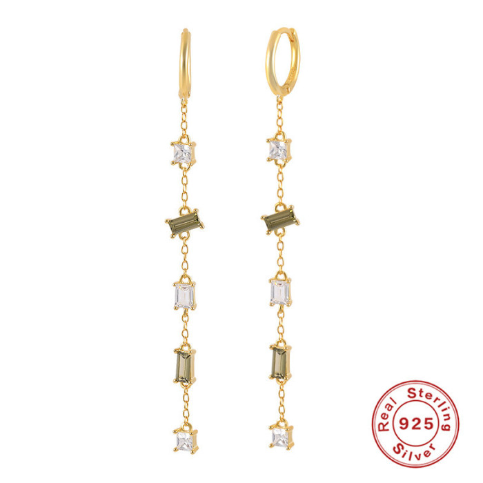 S925 Sterling Silver Chain Stackable Tassel Colorful Stone Stud Earrings Fashion Hot-Selling Summer Colorful Zircon...