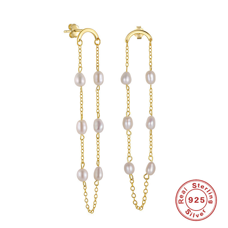 S925 Sterling Silver Curved Tassel Imitation Pearl Chain Earrings Korean Style Niche Design Sense Elegant Wholesale Ear Jewelry