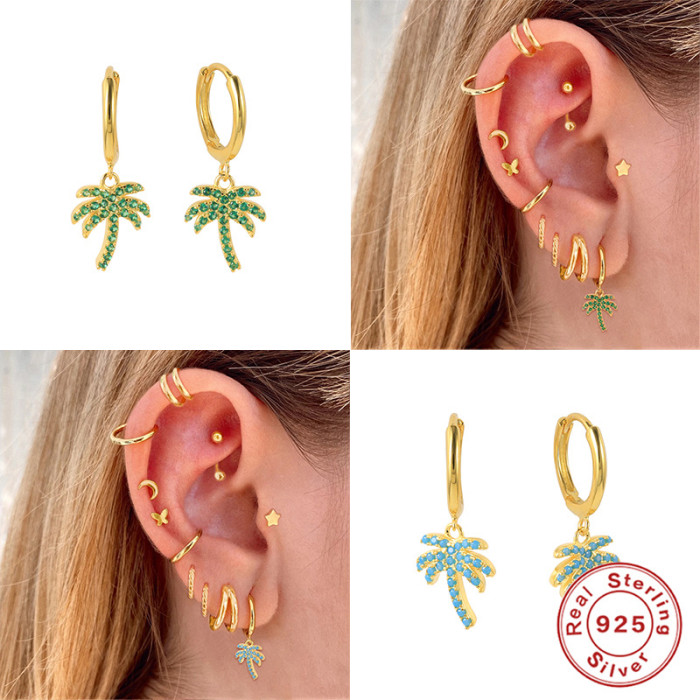 S925 Sterling Silver Creative Coconut Tree Hoop Earrings Bestselling Korean Fashion Trend Versatile Ear Clips Women's...