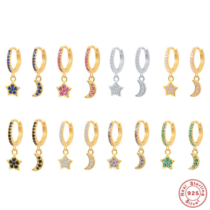 S925 Sterling Silver Star Moon Inlaid Diamond Ear Cuff Hoop Earrings Cross-Border Bestselling INS Fashion Trend Versatile Ear Jewelry