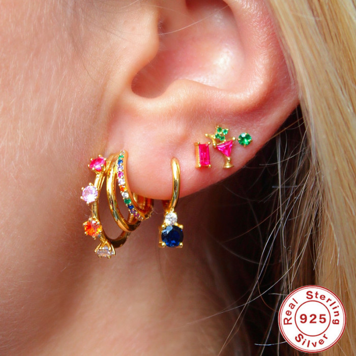 S925 Sterling Silver Four-Prong Inlaid Diamond Celi French Earrings Colorful Zircon Earrings Hoop European and American Hot-Selling Creative INS Earrings