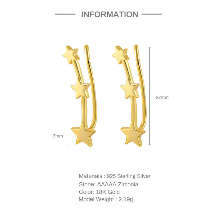 S925 Sterling Silver INS Minimalist Smooth Five-Pointed Star Ear Arc Ear Clip Earrings Korean Version Niche Design Internet Celebrity Ear Jewelry