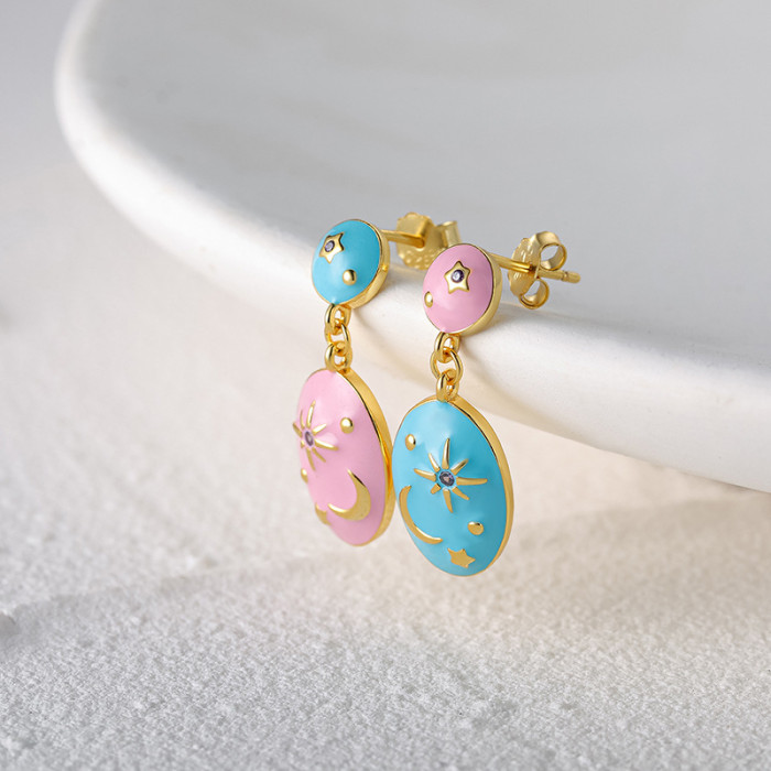 S925 Sterling Silver Egg-Shaped Stone-Studded Oil Drop Imitation Enamel Earrings Star and Moon Earrings Vintage Pal...