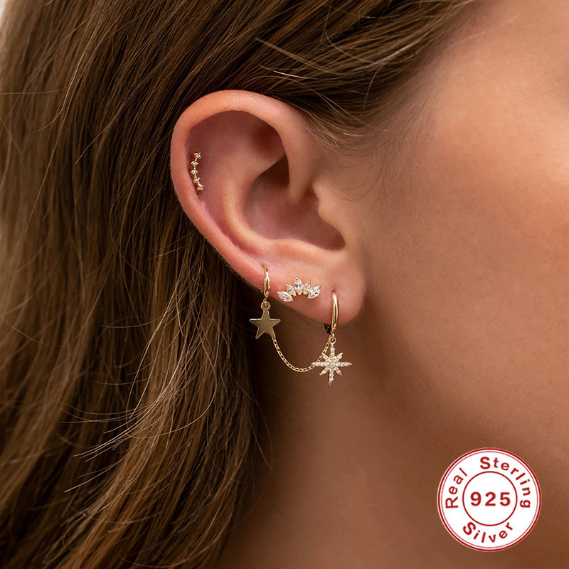 S925 Sterling Silver Single Mixed Chain Double Wear Star Pendant Hoop Earrings Cross-Border Personality Fashion Creative Ear Cuff