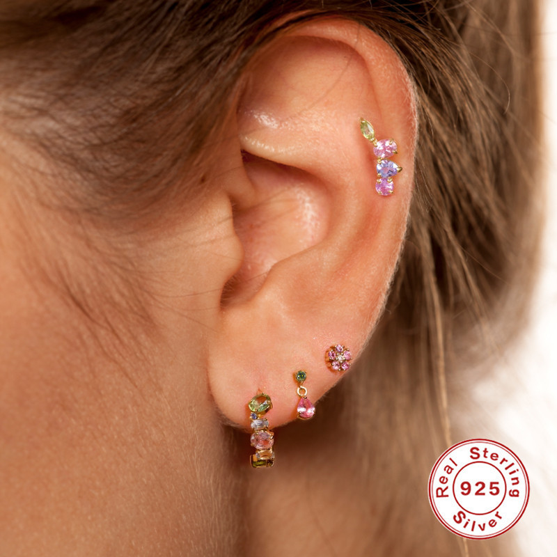 S925 Sterling Silver INS Minimalist Colorful Diamond Stud Earrings European and American Cross-Border Hot Selling Light Luxury Niche High-End Earrings for Women