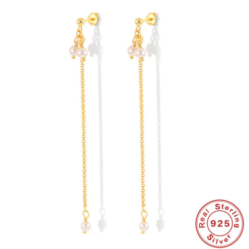 S925 Sterling Silver INS Chain Tassel Imitation Pearl Ear Thread Earrings Korean Light Luxury Niche High-end Earrings