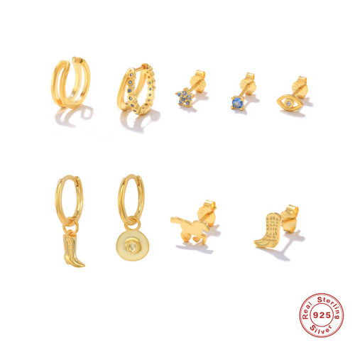 S925 Sterling Silver INS Style Double Frame Hug Set Earrings Korean Version Personality INS K Gold Plated Elegant Light Luxury Earrings