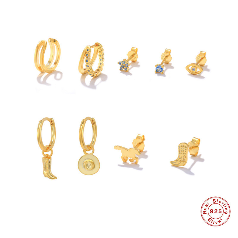 S925 Sterling Silver INS Style Double Frame Hug Set Earrings Korean Version Personality INS K Gold Plated Elegant Light Luxury Earrings