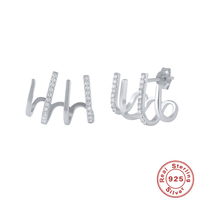 New S925 Sterling Silver Four-Prong Diamond Earrings Studs Ear Clips European and American Hot-Selling Personality Line Claw Studs Ear Jewelry