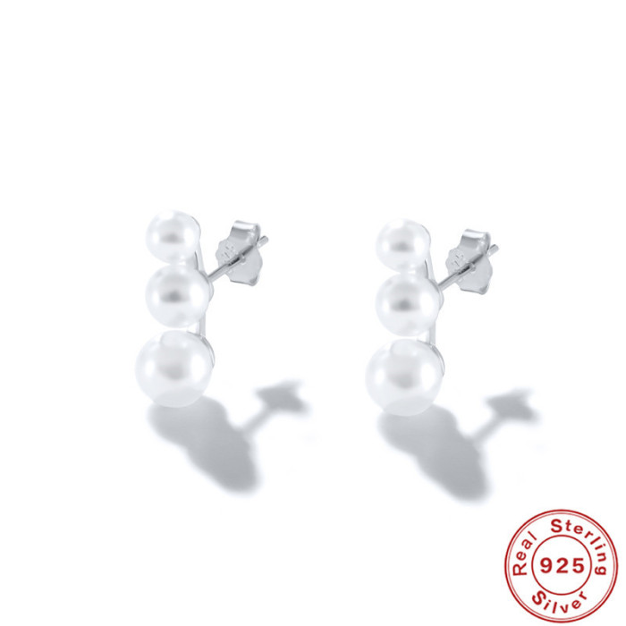 S925 Sterling Silver Simple Style Single Row Three Pearl Stud Earrings Dongdaemun Light Luxury Niche High-end Earrings
