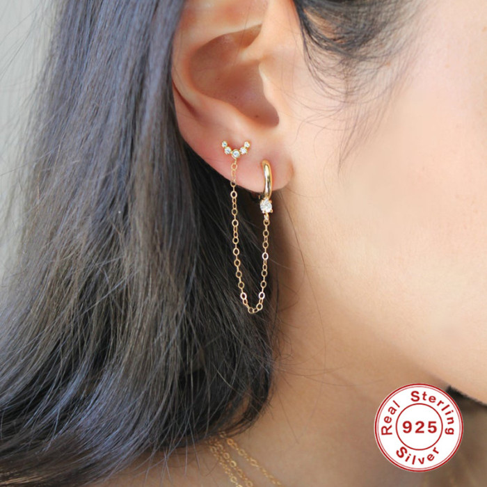 S925 Sterling Silver Single Drop Earrings Moon Chain Earrings European and American Hot Selling Micro Inlaid Zirconia Personalized Trendy Earrings