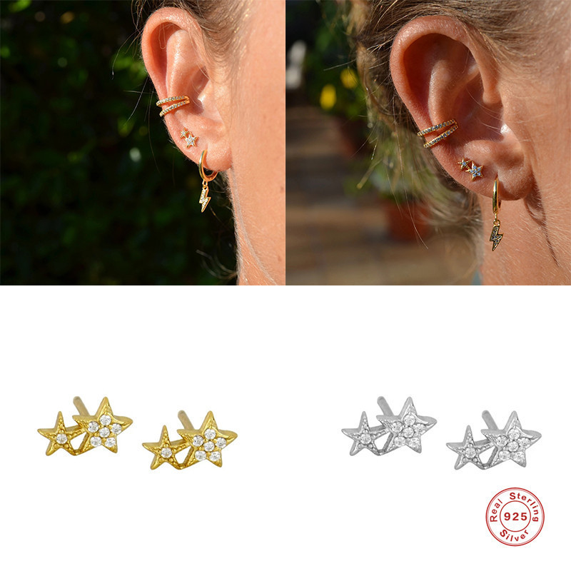 S925 Sterling Silver Large and Small Diamond-Studded Five-Pointed Star Earrings Fashionable Simple Creative Style Diamond-Studded Earrings Bestselling Cross-Border