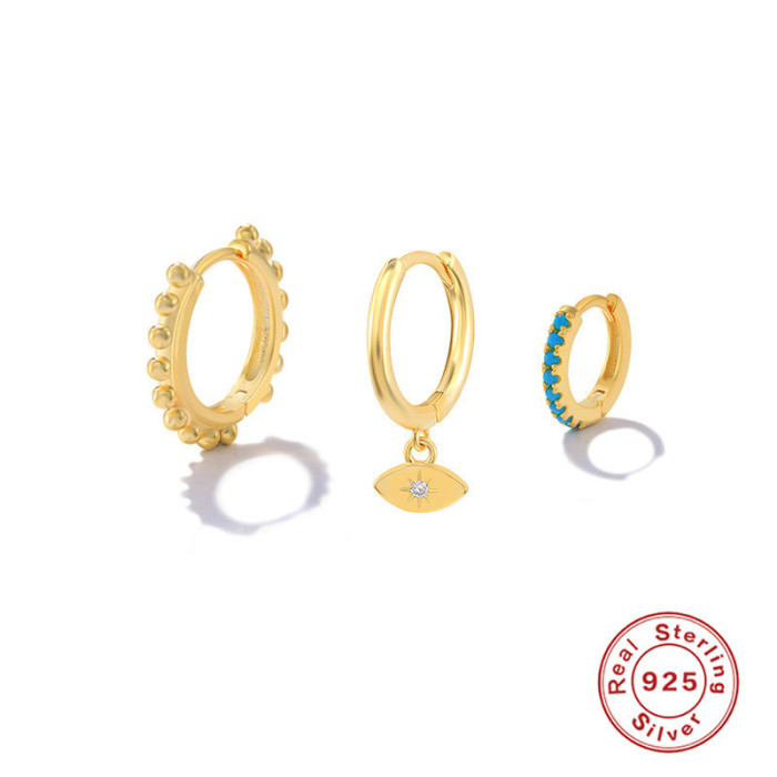 S925 Sterling Silver Inlaid Diamond Turquoise Round Bead Hoop Earrings Angel Eye Earrings Set French Style Ear Cuffs...