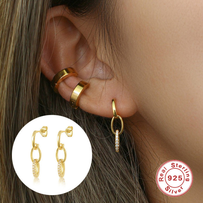 S925 Sterling Silver Geometric Oval Double Circle Earrings Studs European and American Cross-Border Hot Selling Diamond-Studded Elegant Light Luxury INS Earrings