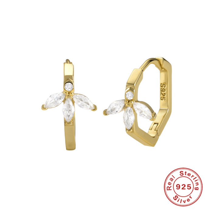S925 Sterling Silver Line Curved Petal Stone-Inlaid Earrings Hoop Earrings Hot Selling Light Luxury Creative Geomet...