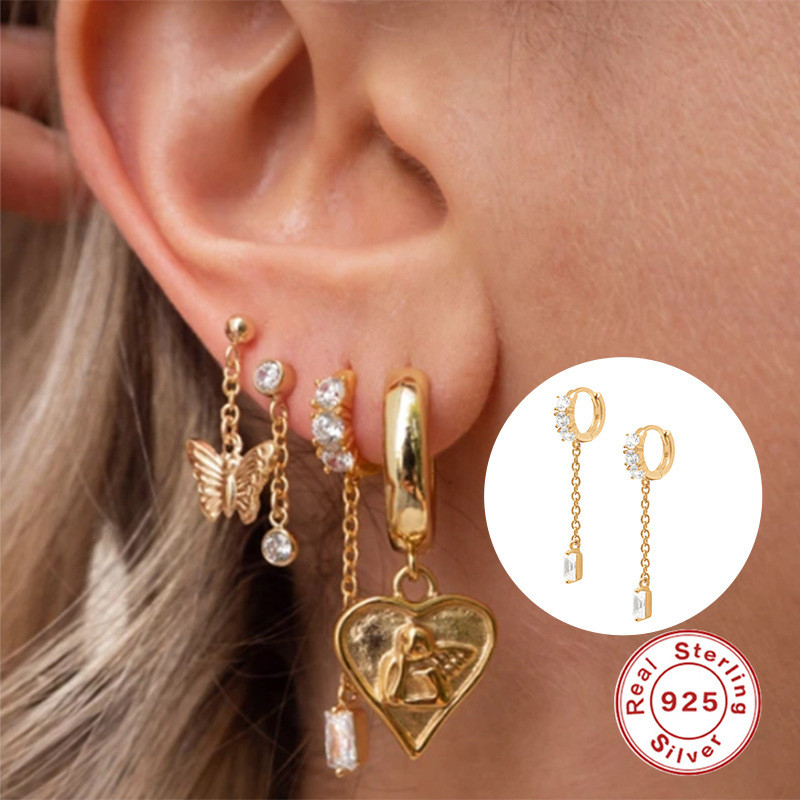 S925 Sterling Silver Square Pendant Diamond-Studded Earrings European and American Hot-Selling Fashion Light Luxury Creative INS Hoop Earrings
