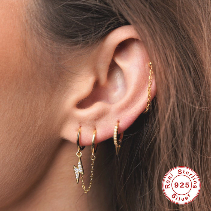 S925 Sterling Silver Chain Double-Piercing Lightning Inlaid Diamond Pendant Hoop Earrings Cross-Border Bestselling Trendy Personality INS Earrings