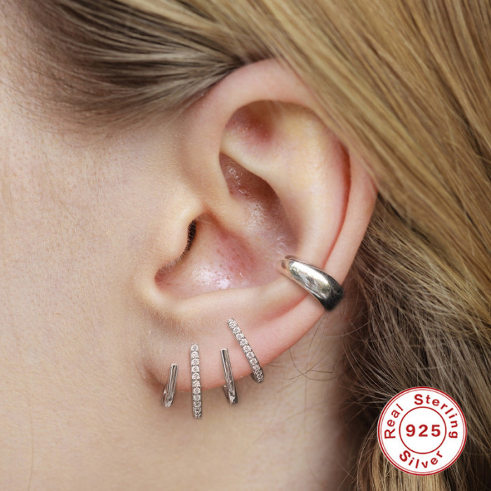 New S925 Sterling Silver Four-Prong Diamond Earrings Studs Ear Clips European and American Hot-Selling Personality Line Claw Studs Ear Jewelry
