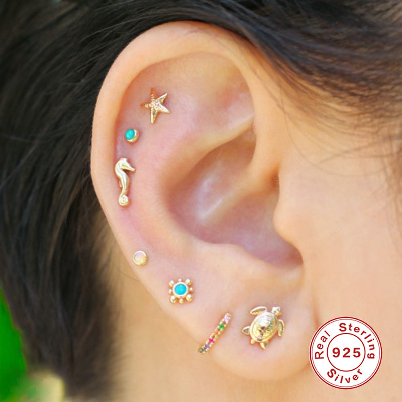 S925 Sterling Silver Single Bead Turquoise Spiral Piercing Cartilage Earrings Cross-Border Hot Selling INS Style Simple Earrings