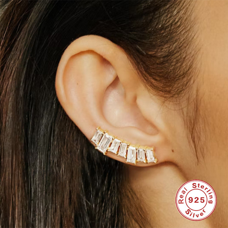 S925 Sterling Silver Rectangular Zircon Baguette Earrings for Women, Korean and Japanese Style Light Luxury Single Row Diamond Stud Earrings