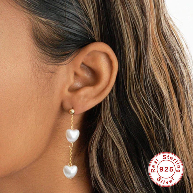 S925 Sterling Silver Heart Pearl Chain Tassel Earrings Stud Earrings Korean and Japanese Light Luxury Niche High-end Earrings for Women