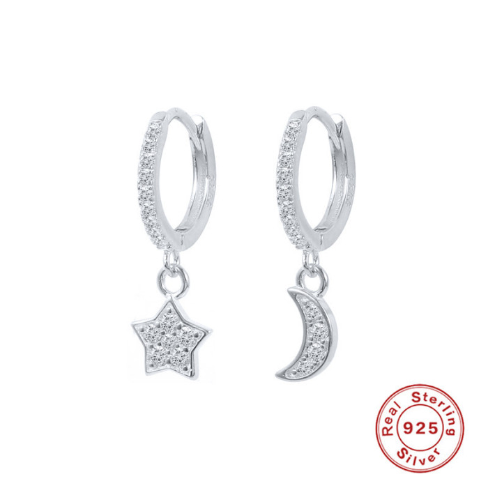 S925 Sterling Silver Star Moon Inlaid Diamond Ear Cuff Hoop Earrings Cross-Border Bestselling INS Fashion Trend Versatile Ear Jewelry