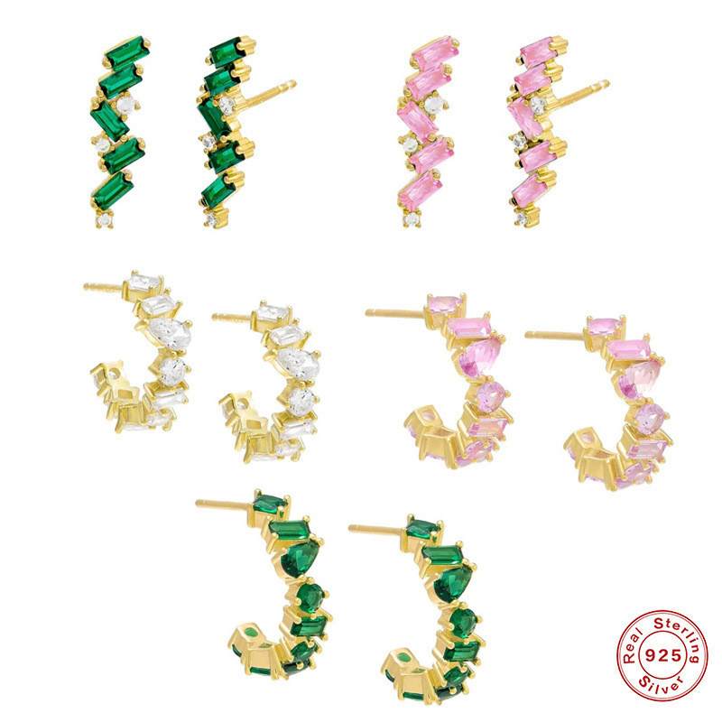 S925 Sterling Silver Cluster Single Row Diamond C-shaped Hoop Earrings Ear Cuffs Earrings Studs European and American Exaggerated INS Style Ear Jewelry
